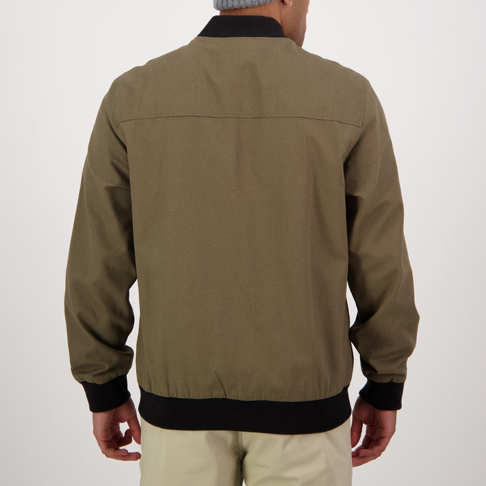 Back of Swanndri Mens Bevan Canvas Bomber Jacket in Dark Olive