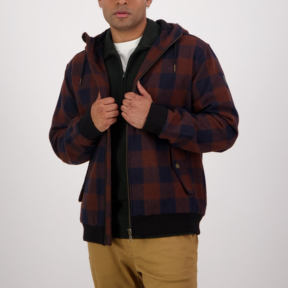 Front of Swanndri Mens Dunwich Wool Hoodie in Ground Check