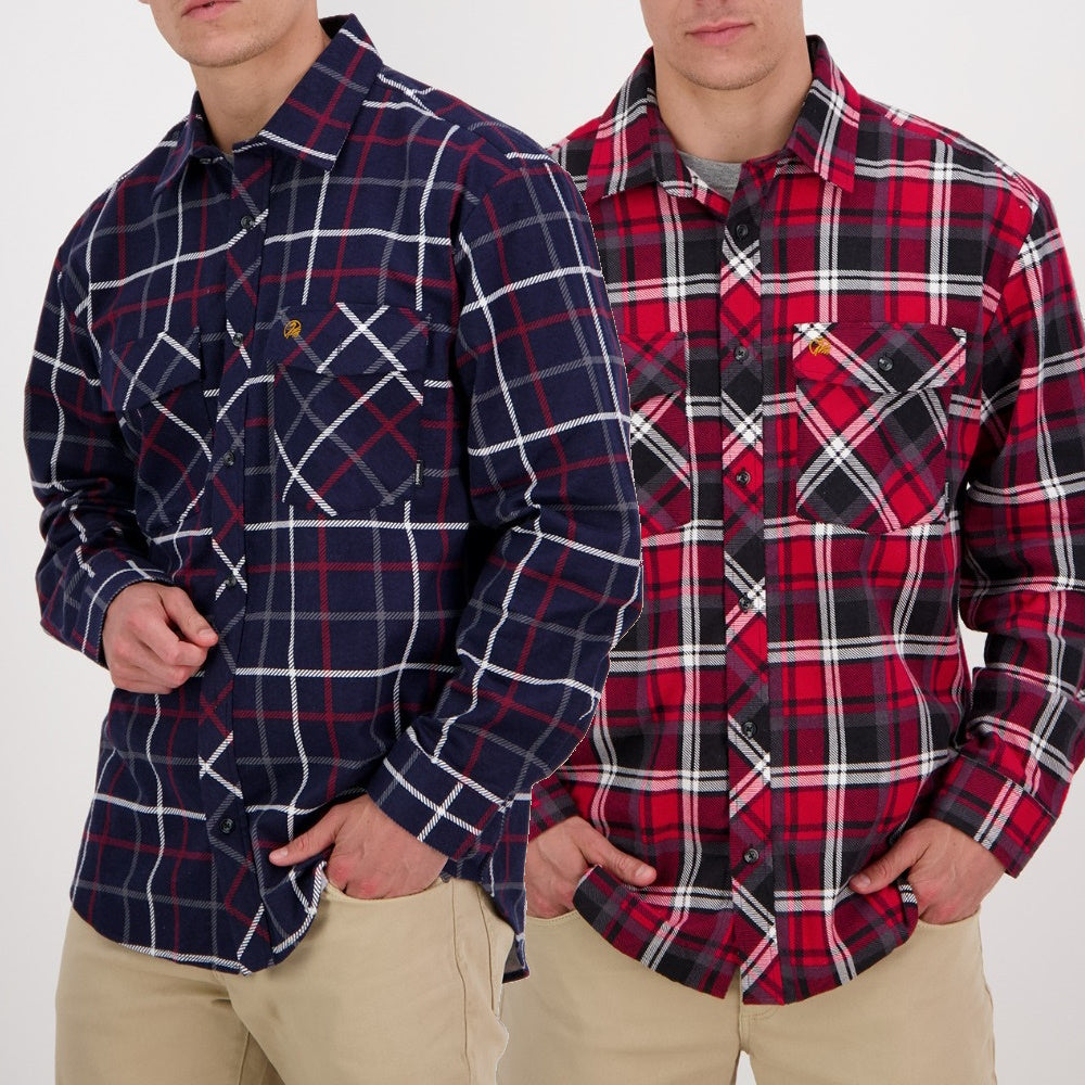Swanndri Mens Egmont Full Button Flannelette Shirt Twin Pack in Navy & Oxblood