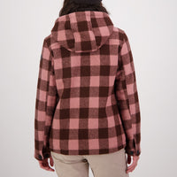 Back of Swanndri Womens Seattle V2 Wool Hoodie in Rose/Coffee Check