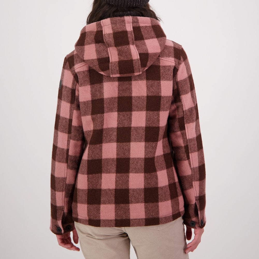 Back of Swanndri Womens Seattle V2 Wool Hoodie in Rose/Coffee Check