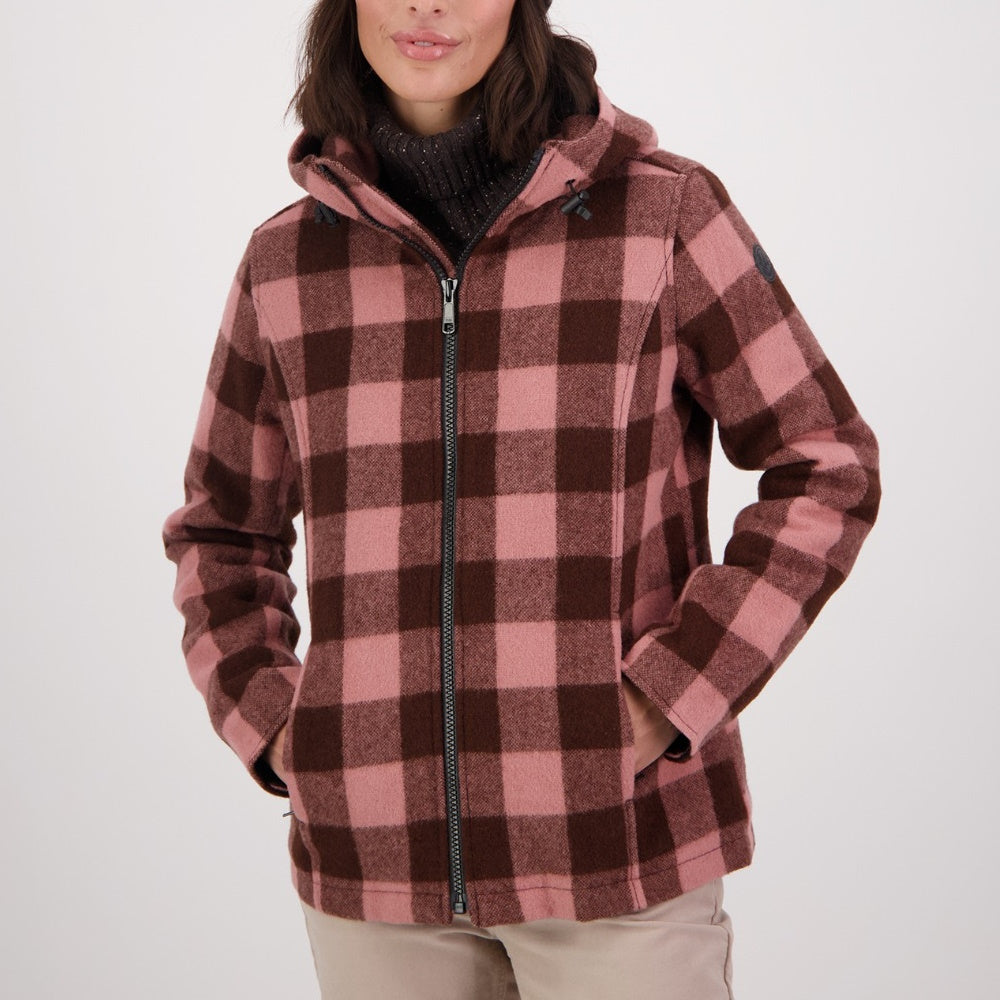 Front of Swanndri Womens Seattle V2 Wool Hoodie in Rose/Coffee Check
