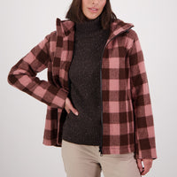 Unzipped front of Swanndri Womens Seattle V2 Wool Hoodie in Rose/Coffee Check