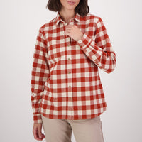 Front of Swanndri Womens Taranaki Long Sleeve Shirt in Merlot/Sandshell