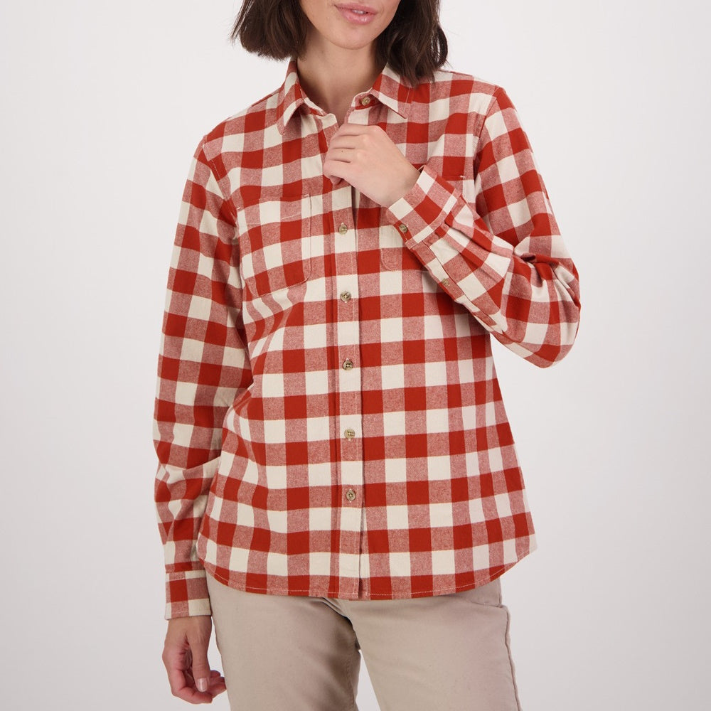 Front of Swanndri Womens Taranaki Long Sleeve Shirt in Merlot/Sandshell