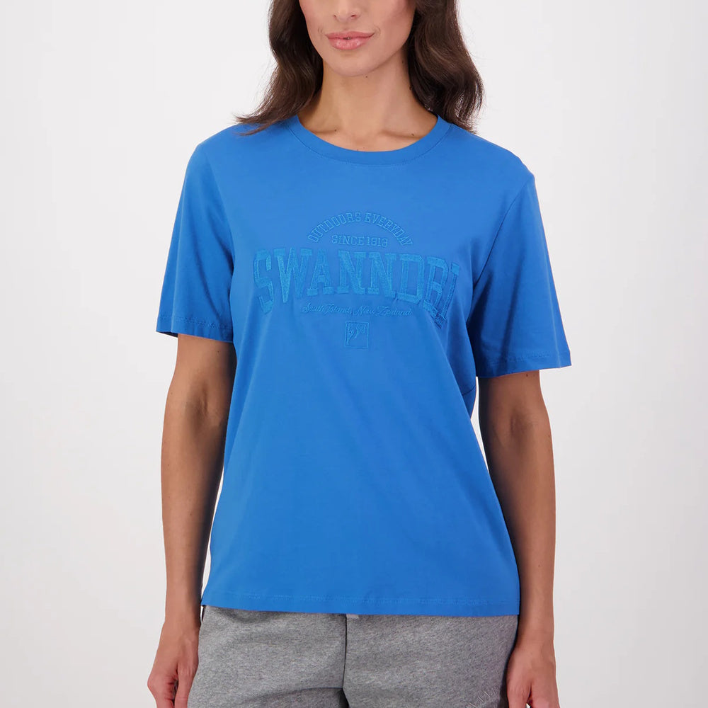 Person wearing a blue Swanndri t-shirt