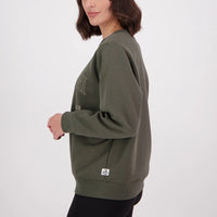 Side view of Swanndri Women's Ivy Embroidered Crew in Dark Olive