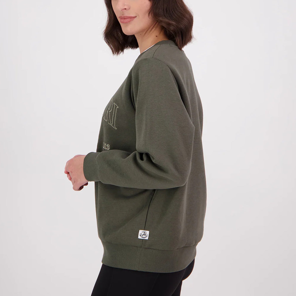 Side view of Swanndri Women's Ivy Embroidered Crew in Dark Olive