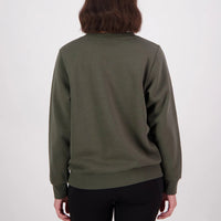 Back of Women's Swanndri Ivy Embroidered Crew in Dark Olive/Horizon Grey