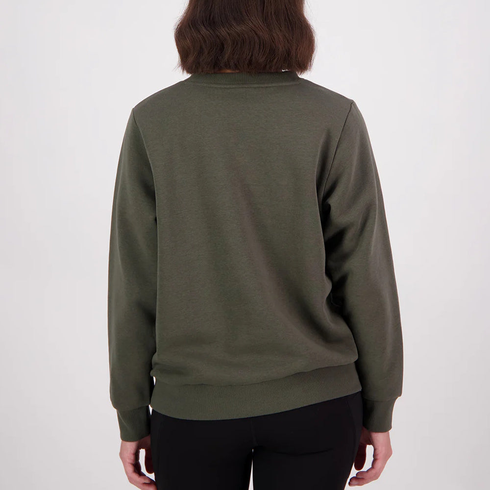 Back of Women's Swanndri Ivy Embroidered Crew in Dark Olive/Horizon Grey