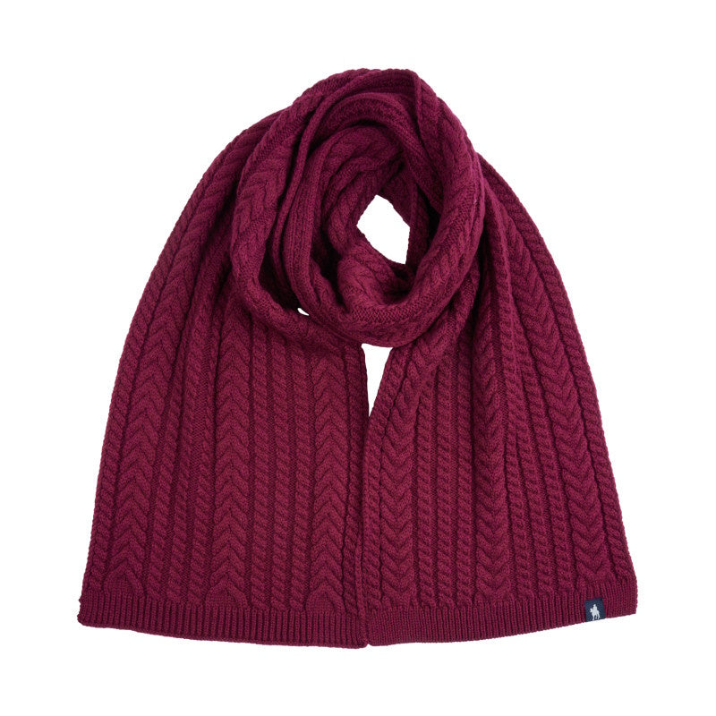 A red cable knit scarf with a turtleneck design.