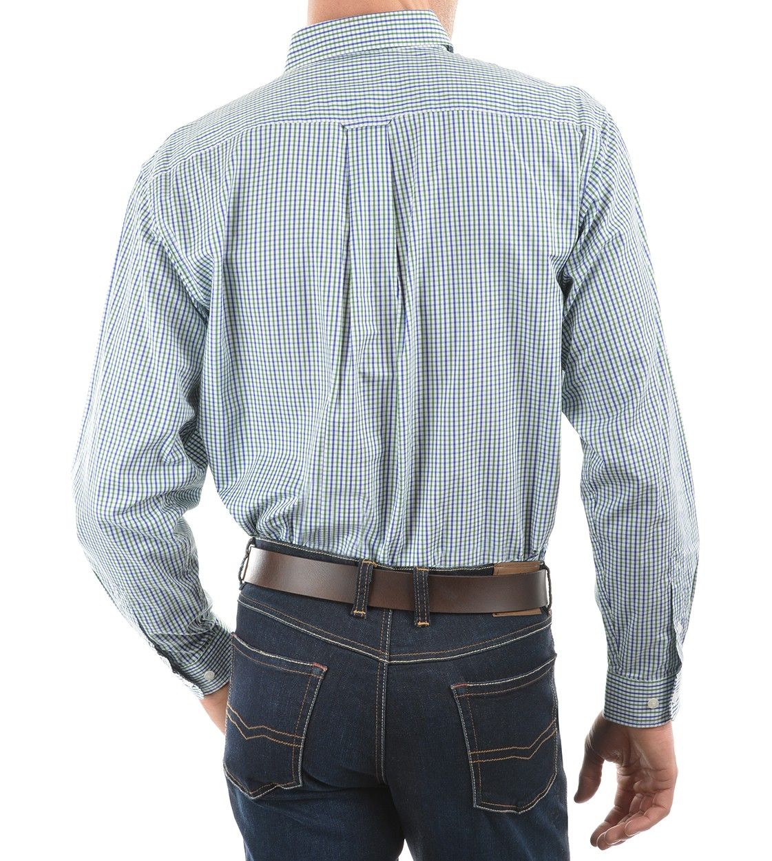 Back of Royal Blue/Green Thomas Cook Mens Wentworth 2 Pocket Long Sleeve Shirt
