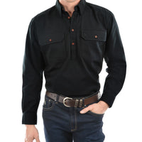 Front of Black Thomas Cook Mens Heavy Drill Half Placket Long Sleeve Shirt