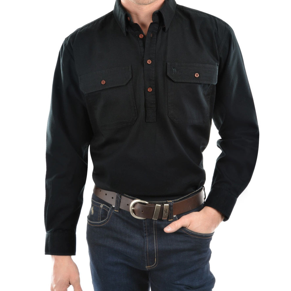 Front of Black Thomas Cook Mens Heavy Drill Half Placket Long Sleeve Shirt