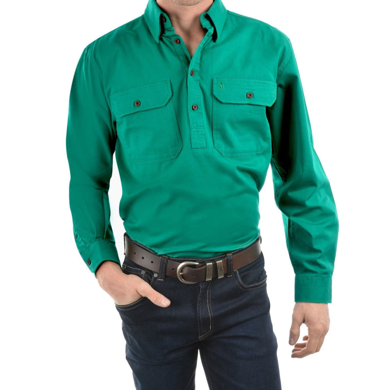 Thomas Cook Mens Heavy Drill Half Placket Long Sleeve Shirt in Bright Green