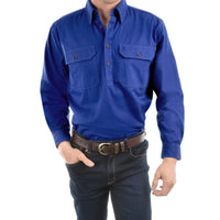 Front of Thomas Cook Mens Heavy Drill Half Placket Long Sleeve Shirt in Cobalt