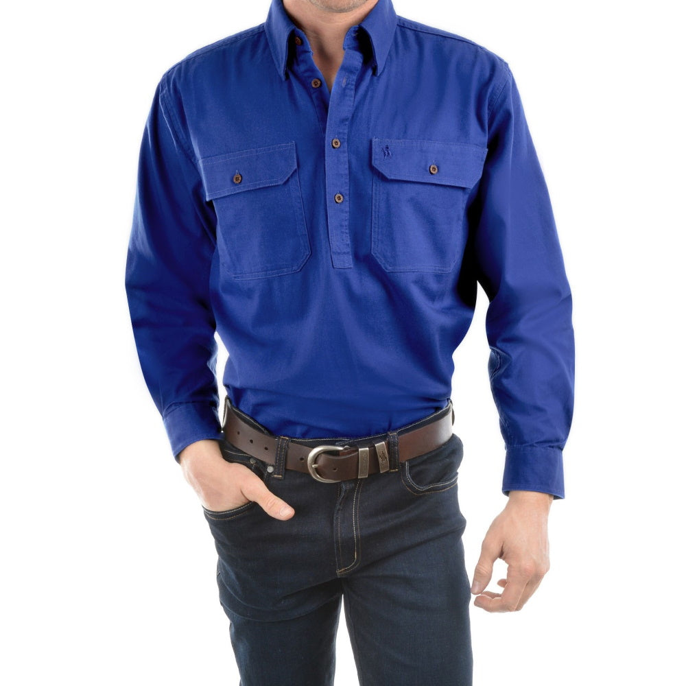 Front of Thomas Cook Mens Heavy Drill Half Placket Long Sleeve Shirt in Cobalt