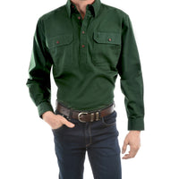 Front of Thomas Cook Mens Heavy Drill Half Placket Long Sleeve Shirt in Ivy Green