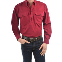 Front of Red Thomas Cook Mens Heavy Drill Half Placket Long Sleeve Shirt