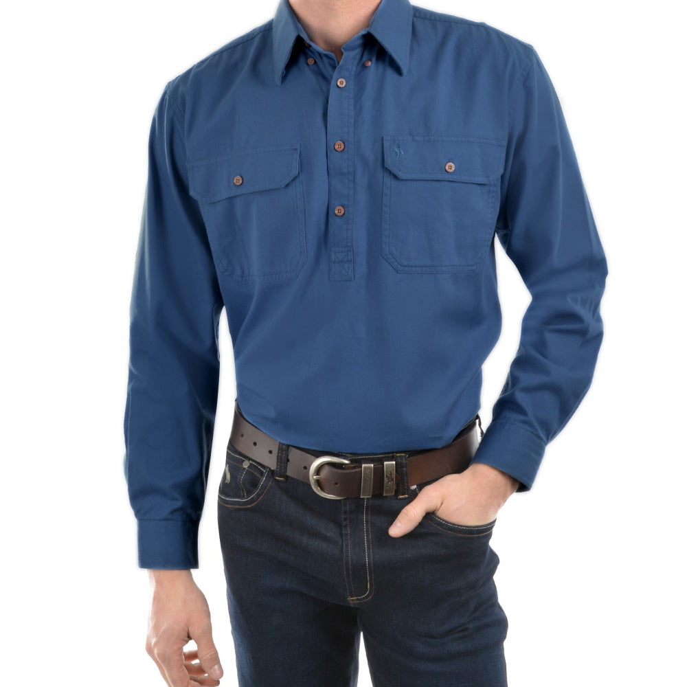 Front of Thomas Cook Mens Heavy Drill Half Placket Long Sleeve Shirt in Steel Blue