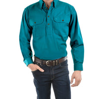 Front of Thomas Cook Mens Heavy Drill Half Placket Long Sleeve Shirt in Teal