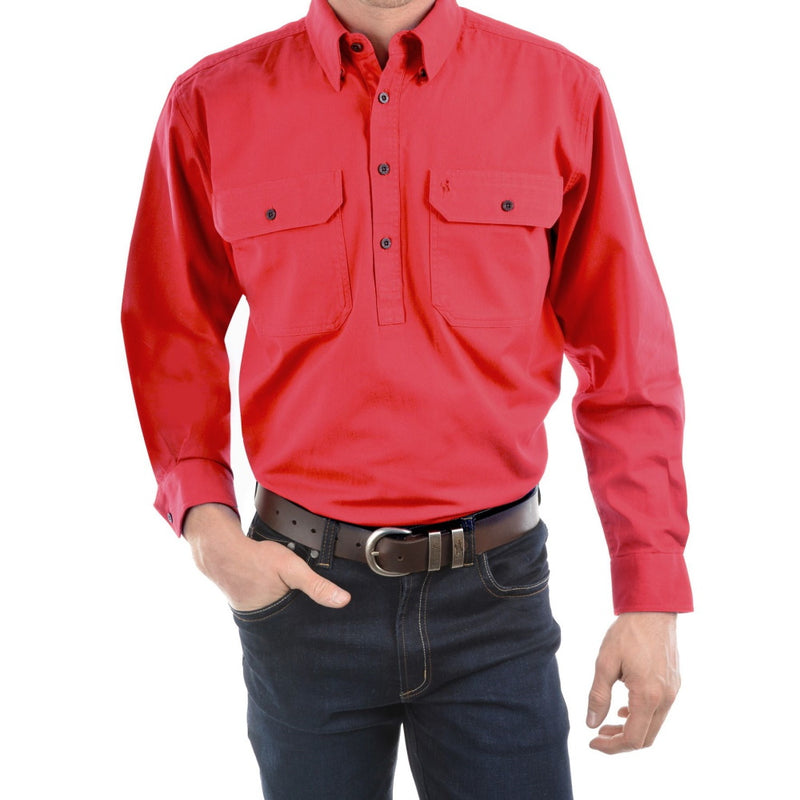 Front of Thomas Cook Mens Heavy Drill Half Placket Long Sleeve Shirt in Tomato
