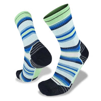 A pair of striped socks with blue and green stripes and a solid black at the sole.