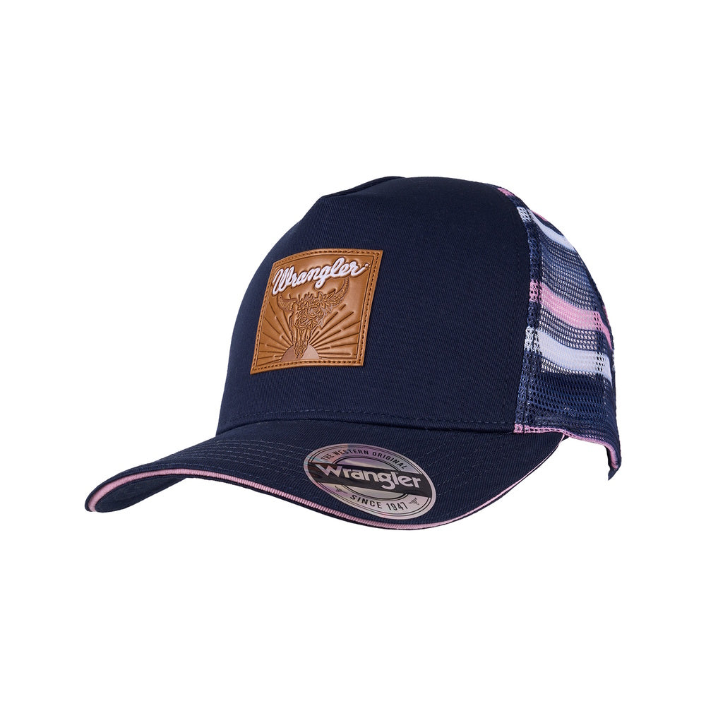 A navy blue Wrangler Elise High Profile Ponytail Trucker Cap with a checkered pink and purple mesh back and a leather brand patch on the front.