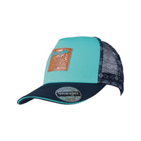 A high profile ponytail trucker cap with a mesh panel, featuring a contrast peak and a Wrangler brand logo.