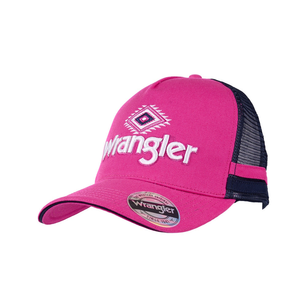 A pink Wrangler high profile 5 panel trucker cap with white and black geometric pattern and brand logo on the front.