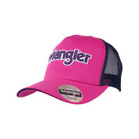 A pink Wrangler Perry High Profile Ponytail Trucker Cap with a mesh panel and logo on the front.