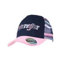 A Wrangler Kids Tori High Profile Ponytail Trucker Cap with a pink visor, blue crown, and multi-coloured mesh. The cap features the Wrangler logo on the front.