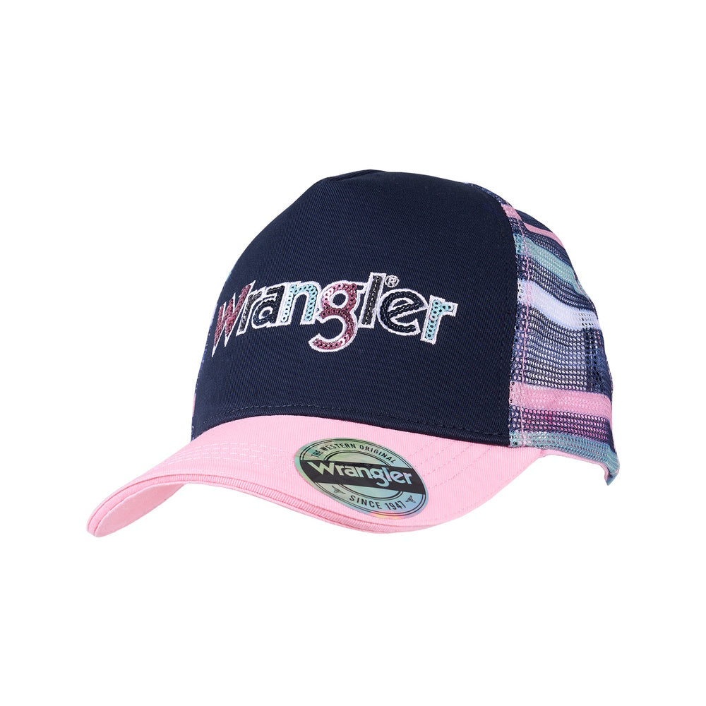 A Wrangler Kids Tori High Profile Ponytail Trucker Cap with a pink visor, blue crown, and multi-coloured mesh. The cap features the Wrangler logo on the front.