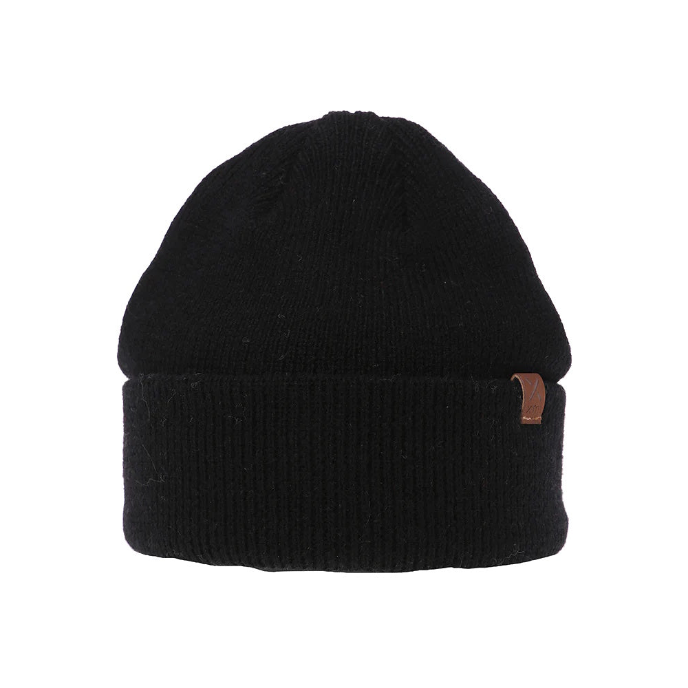 Black XTM beanie with a brown tag