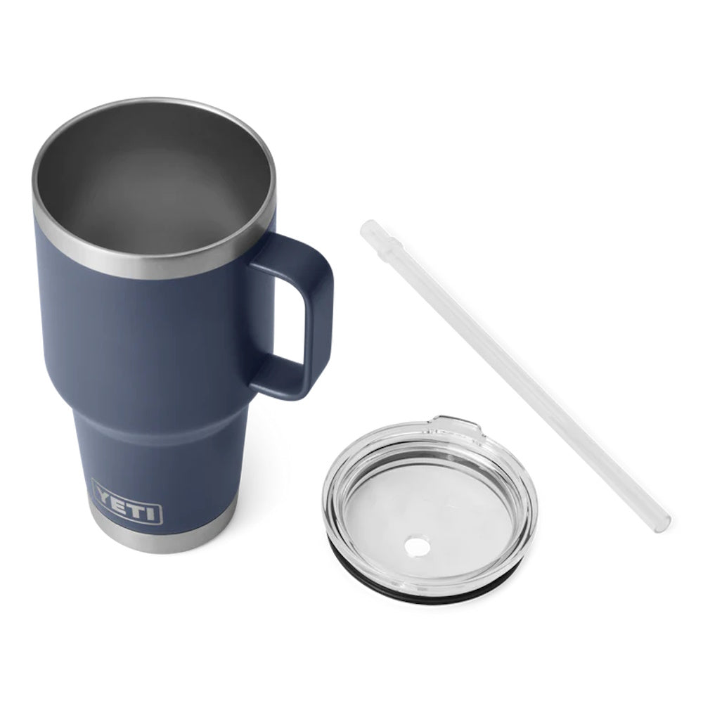 Navy Yeti Rambler 35oz Straw Mug with lid off