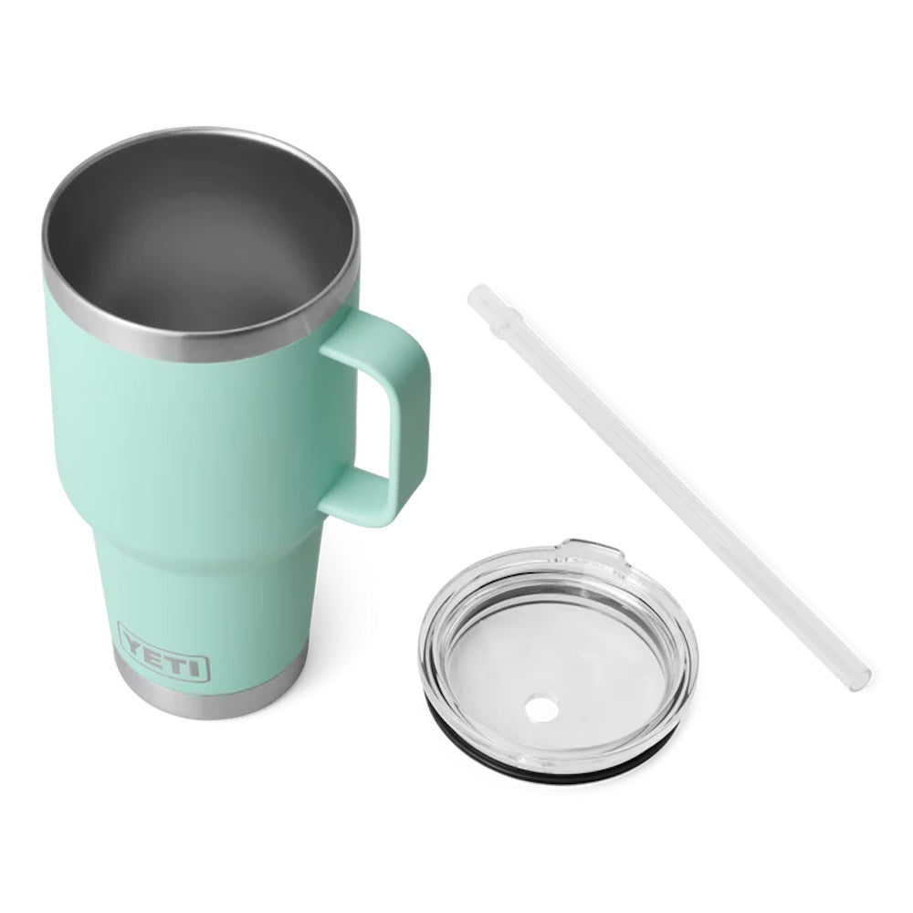 Top of Yeti Rambler 35oz Straw Mug in seafoam with lid off