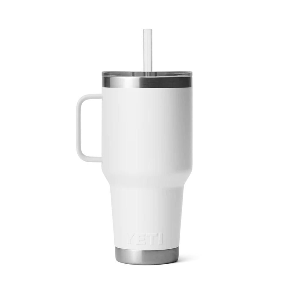 Back of White Yeti Rambler 35oz Straw Mug