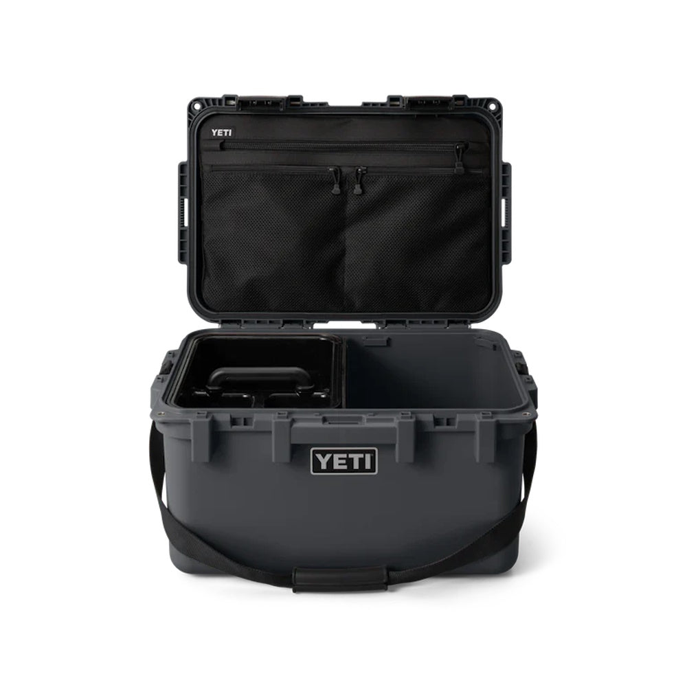 Front of open Charcoal Yeti LoadOut GoBox 30 Gear Case