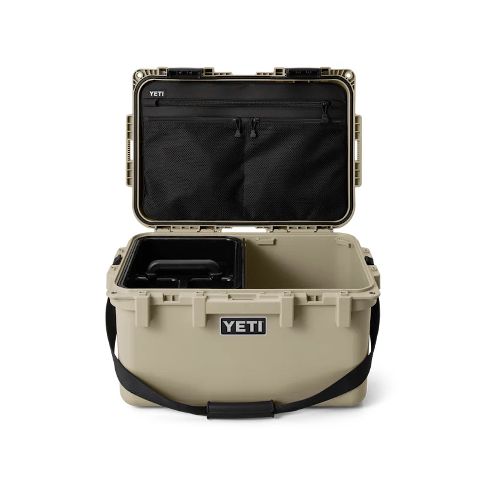 Front of open Yeti LoadOut GoBox 30 Gear Case in Tan