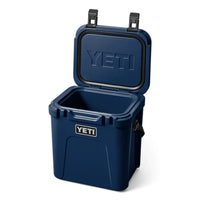 Lid open on Navy Yeti Roadie 24 Hard Cooler
