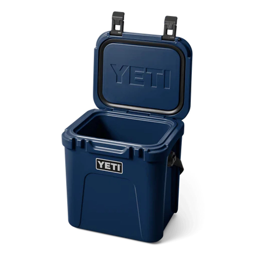 Lid open on Navy Yeti Roadie 24 Hard Cooler