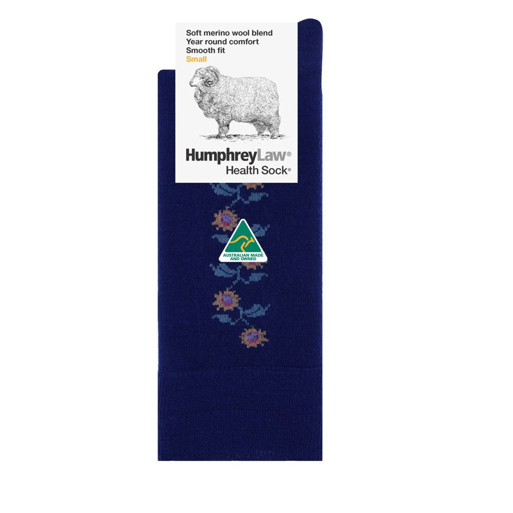 Humphrey Law Fine Merino Wool Pattern Socks Navy Sunflower