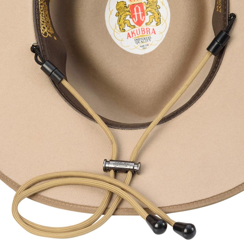 Akubra Chin Strap Tan Attached to Hat