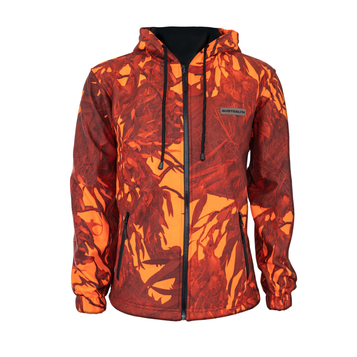 Front view of Austealth Hooded Jacket in Orange Camo