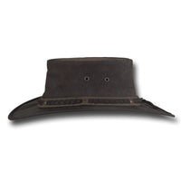 Side view of Barmah Squashy Kangaroo Leather Hat in Dark Brown