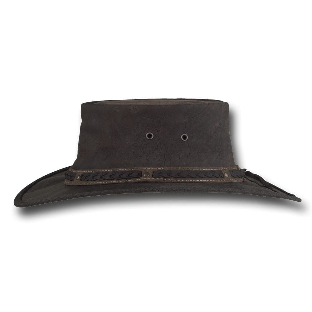 Side view of Barmah Squashy Kangaroo Leather Hat in Dark Brown