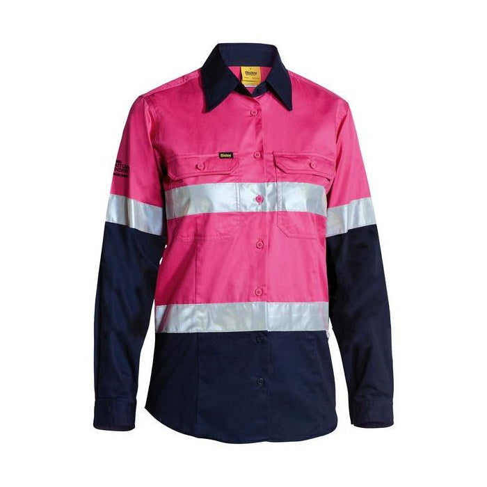 Front view of Bisley Womens Hi Vis Lightweight Long Sleeve Shirt with Reflective Tape in Pink/Navy