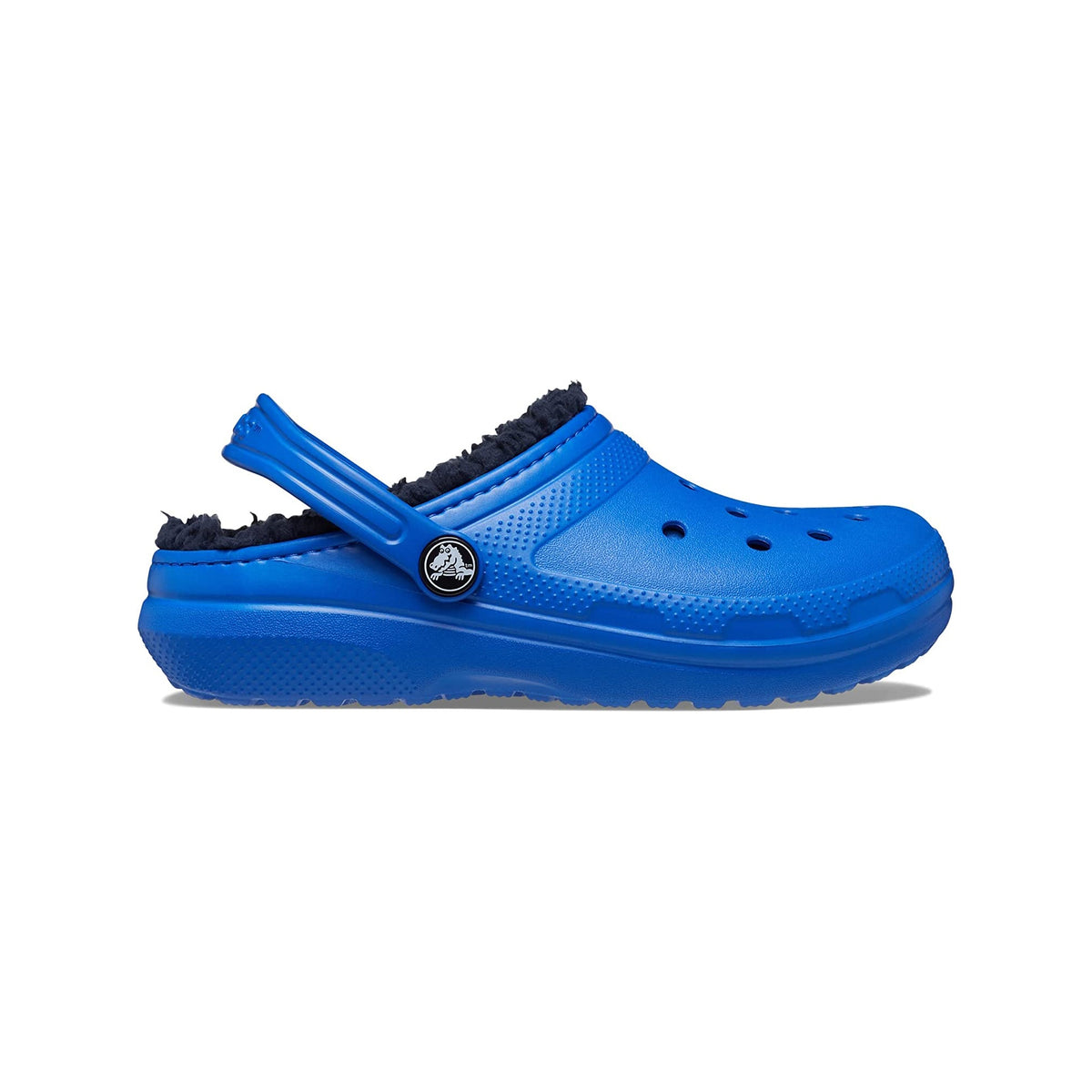 Side view of Crocs Kids Classic Lined Clog in Blue Bolt
