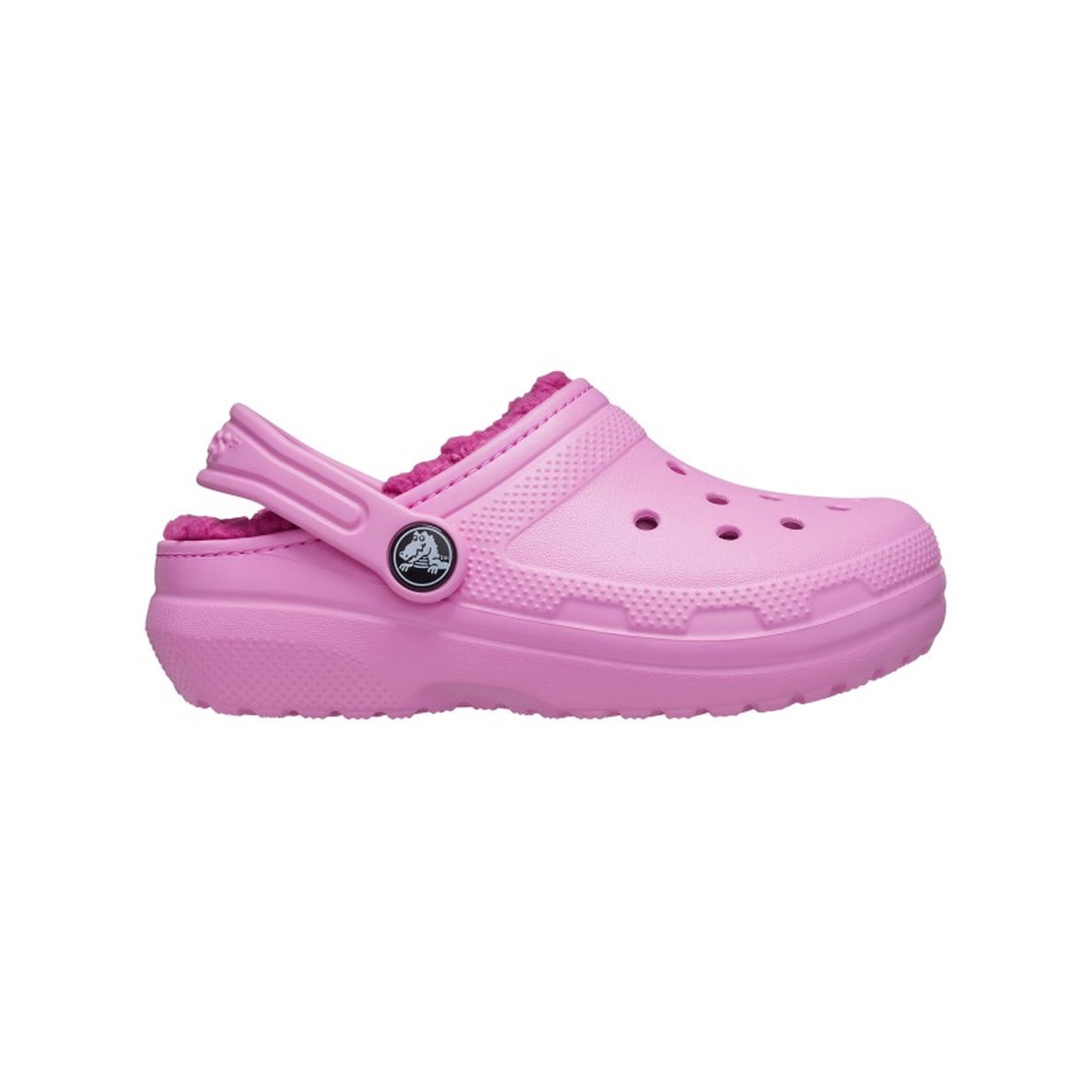 Side view of Crocs Kids Classic Lined Clogs in Taffy Pink