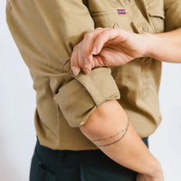 Close up of sleeve of Green Hip Womens Long Sleeve Shirt in Khaki